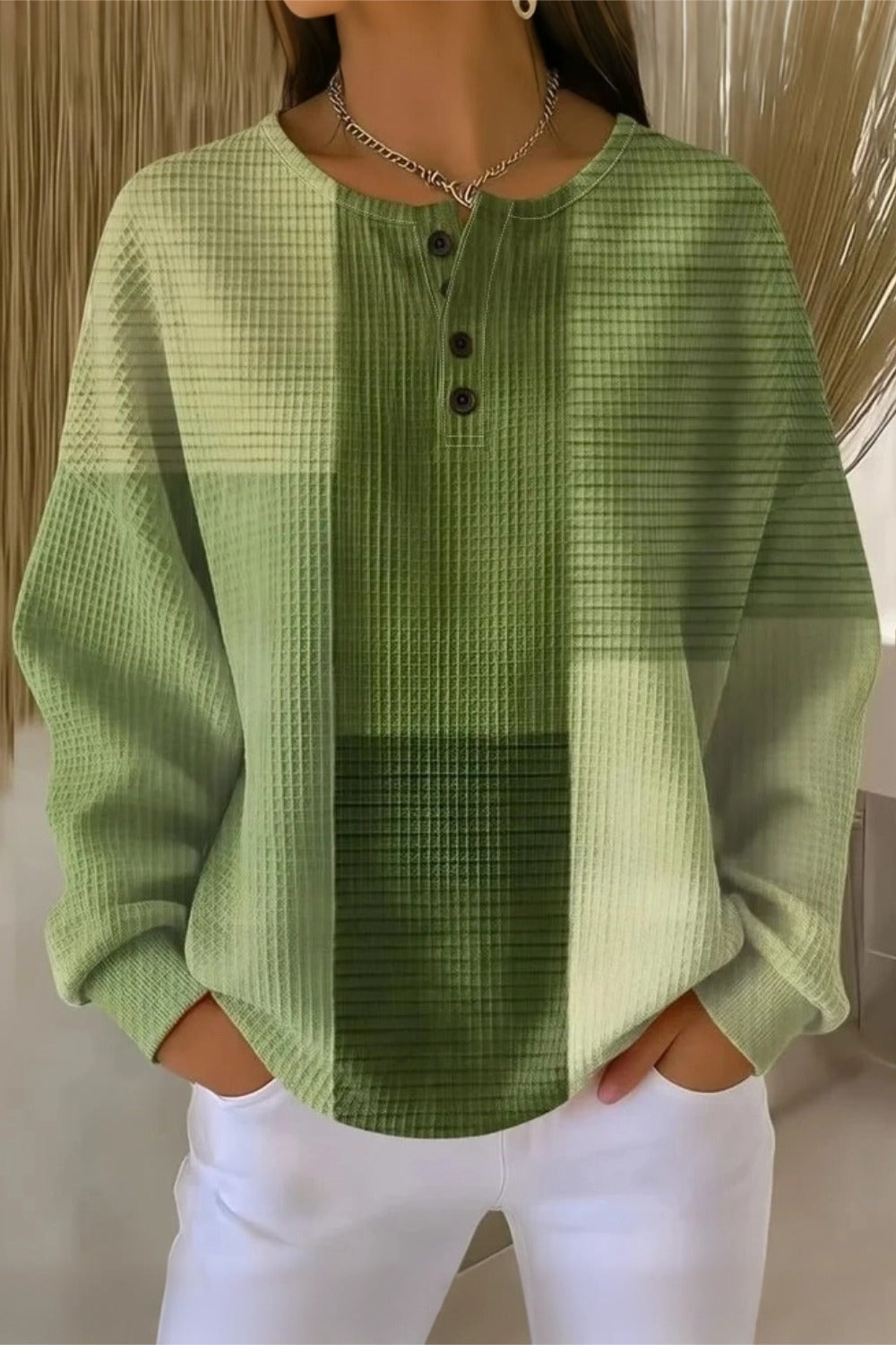 Abstract Plaid Print Henley Waffle Knit Top