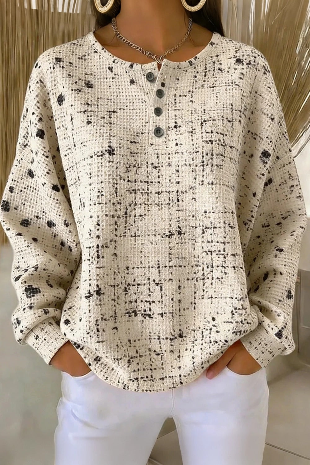 Speckled Print Waffle Knit Button Henley Top