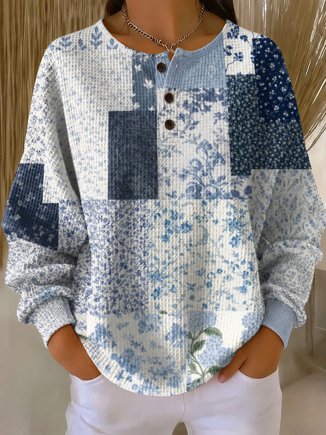 Patchwork Floral Print Button Waffle Knit Sweatshirt