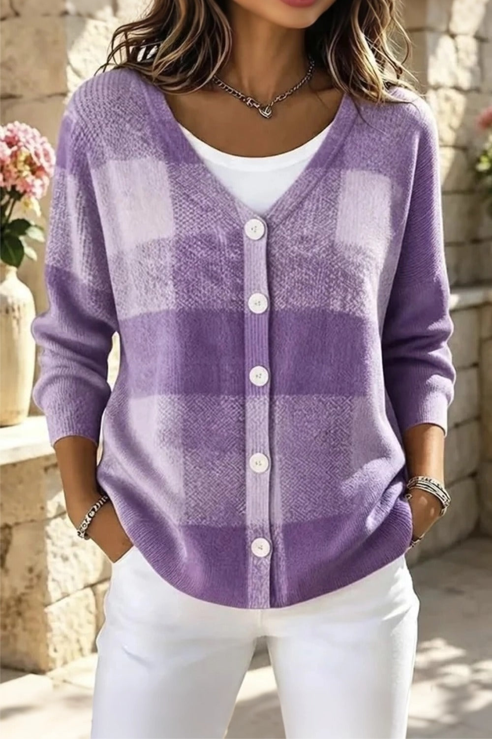 Plaid V-Neck Button Front Long Sleeve Cardigan