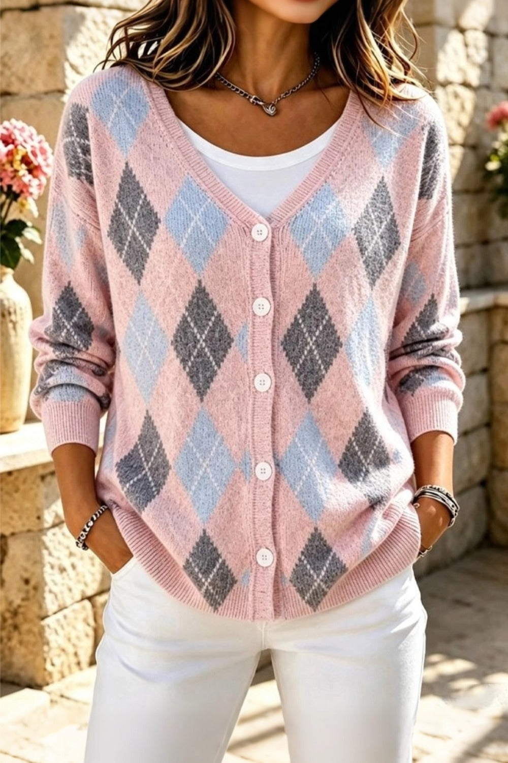 Argyle Print V-Neck Button Front Long Sleeve Cardigan 3