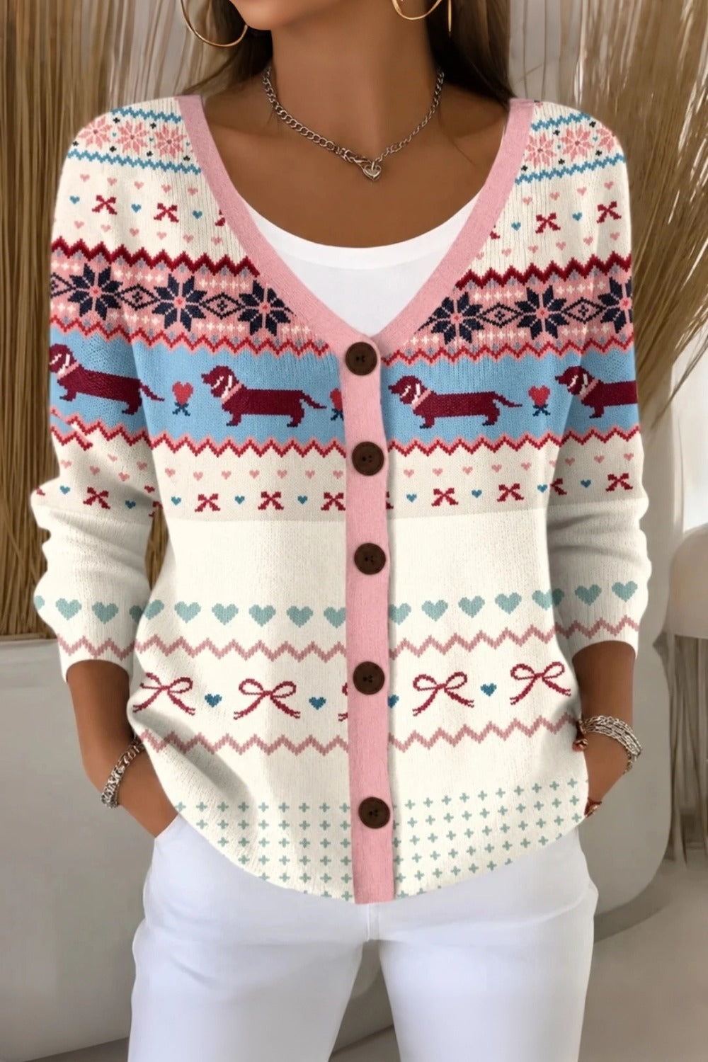 Dachshund Fair Isle V-Neck Button Front Cardigan 2