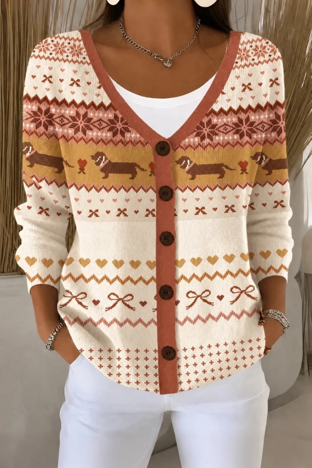 Dachshund Fair Isle V-Neck Button Front Cardigan 3