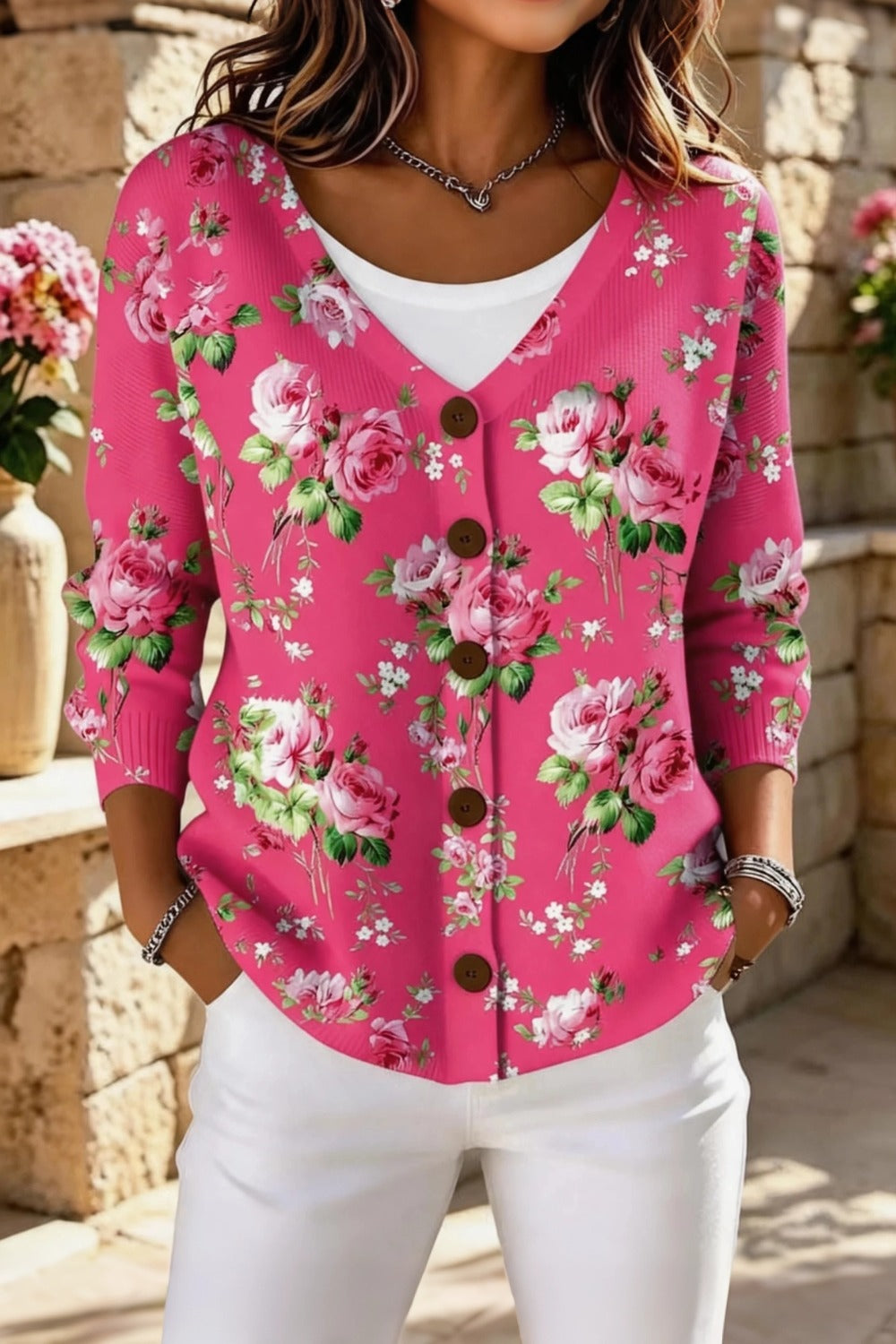 Rose Floral Print V-Neck Button Front Waffle Knit Cardigan