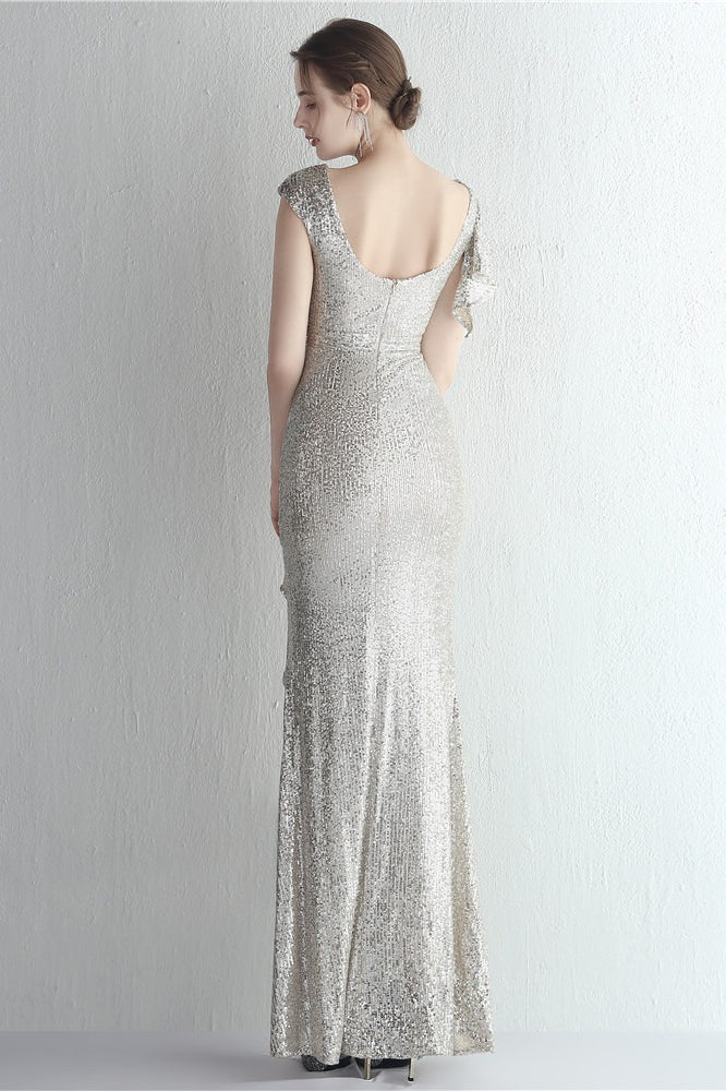 Sequin High Neck Cap Sleeve Ruffle High Split Mermaid Gown - View 18