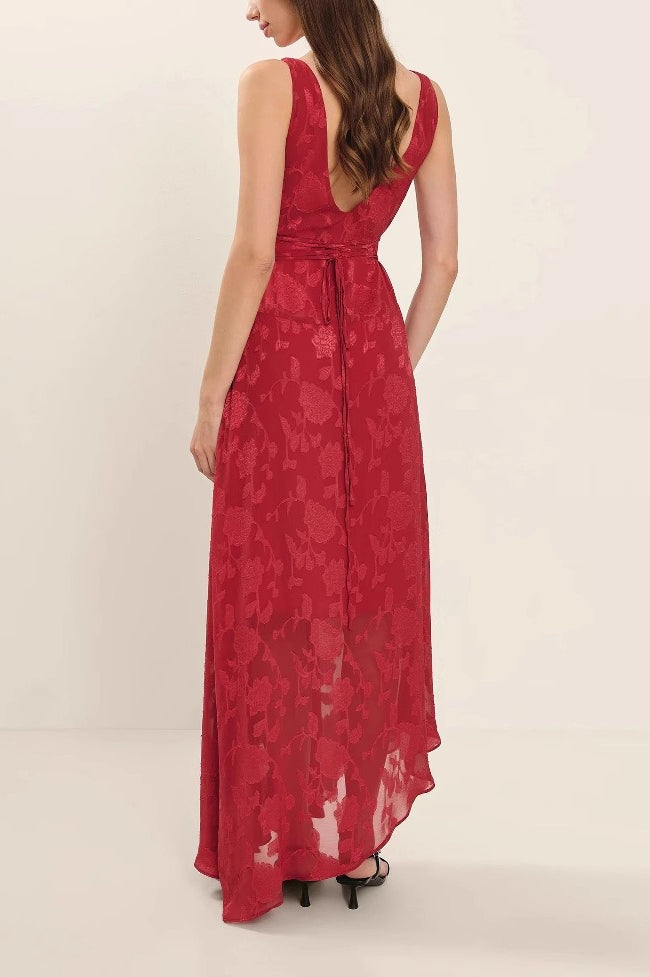 Irregular Hem Red Backless Lace Dress - View 3
