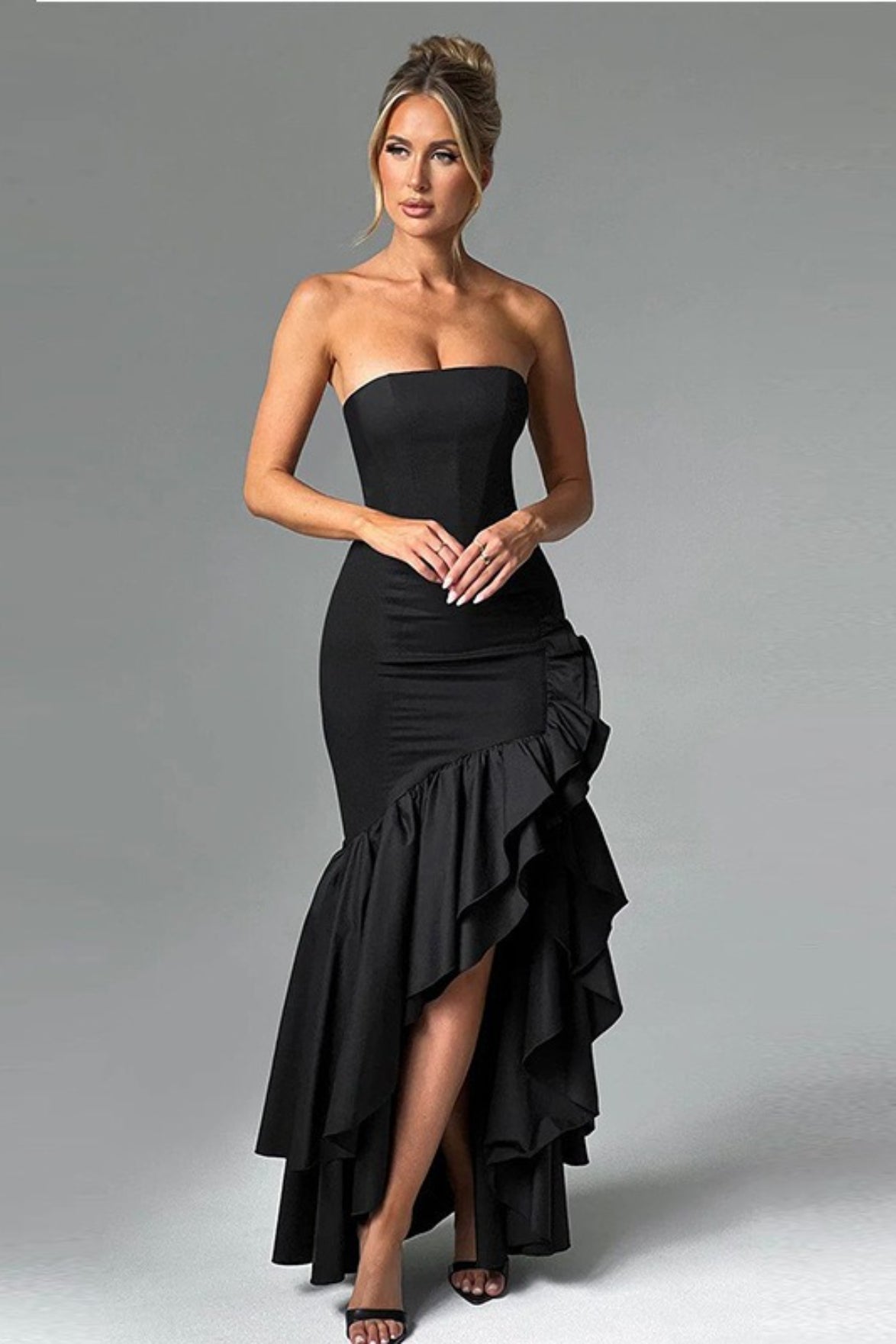 Strapless Ruffle Hem High Low Bodycon Maxi Dress - View 6