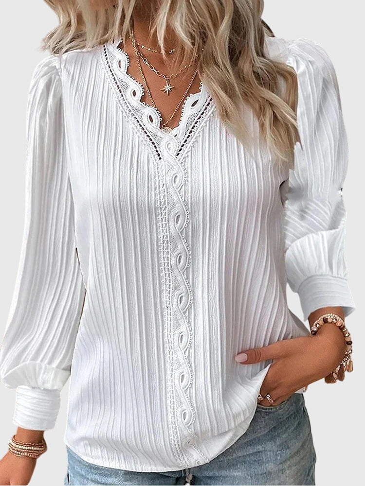 V-Neck Long Sleeve Lace Trim Pleated Blouse 8
