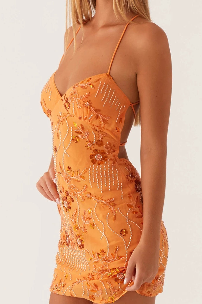 Floral Sequin Spaghetti Strap Sweetheart Bodycon Mini Dress - View 4