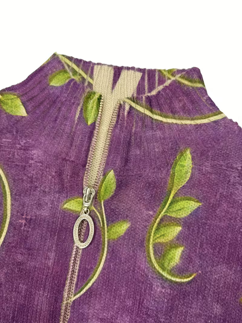 Dragonfly Vine Print Mock Neck Zip Front Knit Cardigan 6