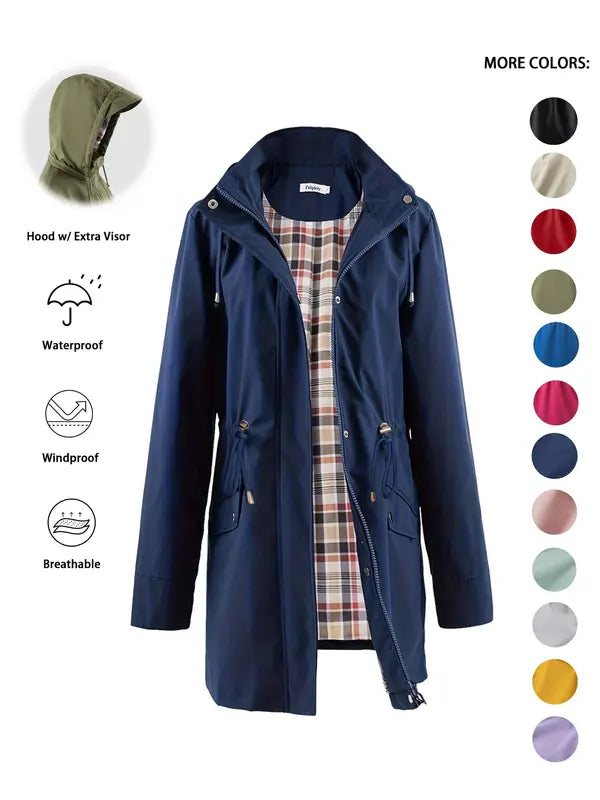 Hooded Drawstring Waist Waterproof Rain Trench Coat 3