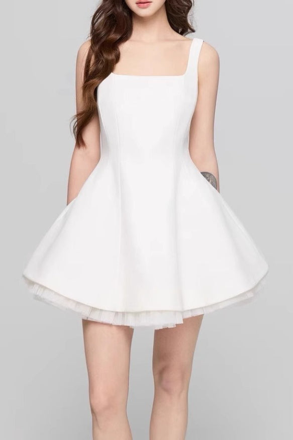 Square Neck Mesh Panel Mini Dress