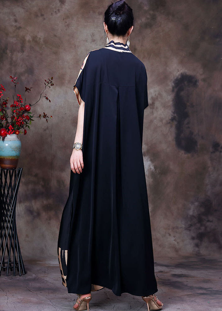 Satin Mixed Print Wrap Deep V-Neck Short Sleeve Tie Waist Maxi Dress - View 4