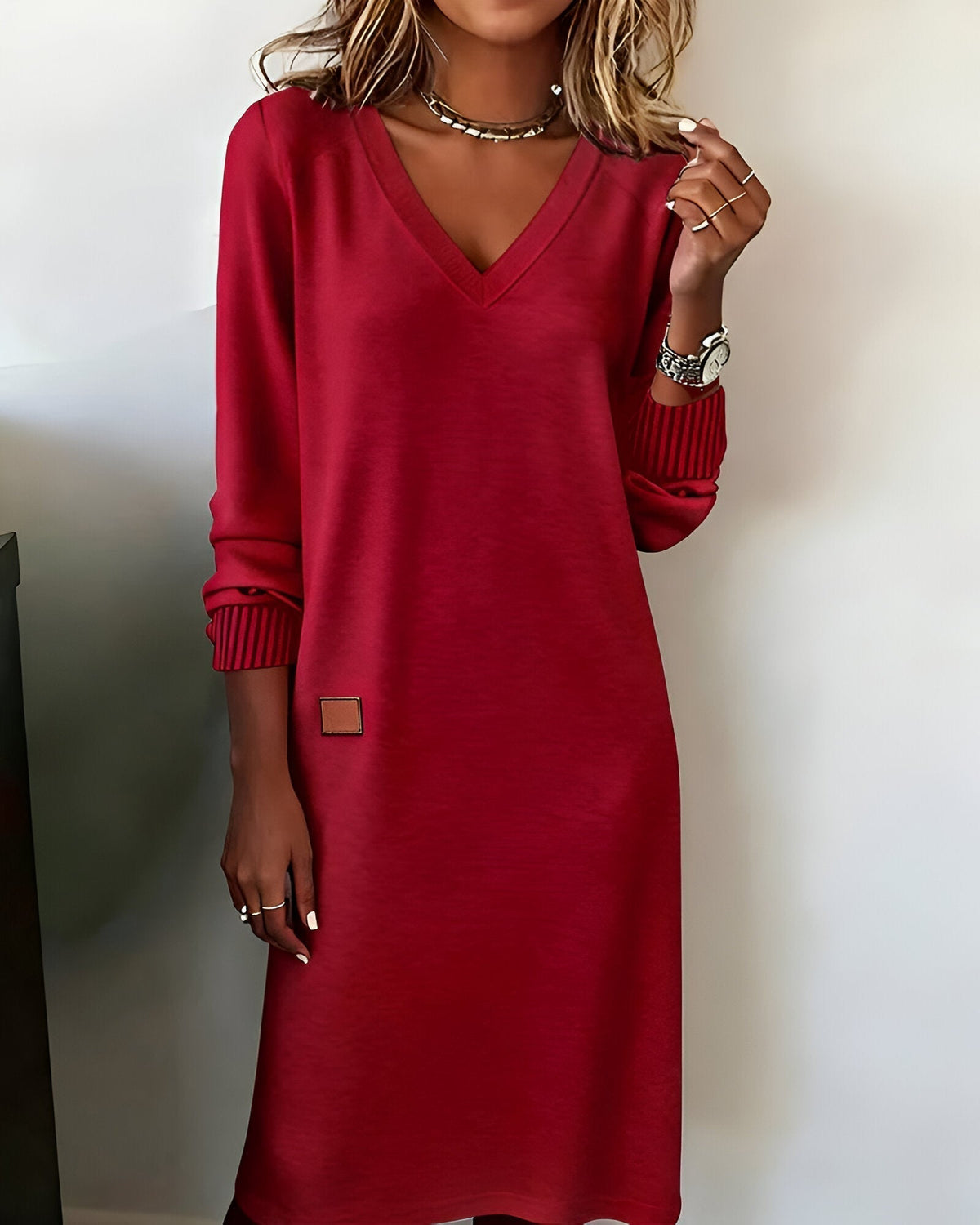 V-Neck Long Sleeve Knit Sweater Mini Dress 3