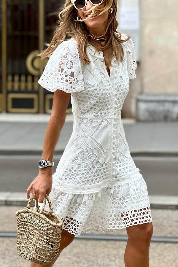 Gilda Crochet Lace Puff Sleeve Button Mini Dress