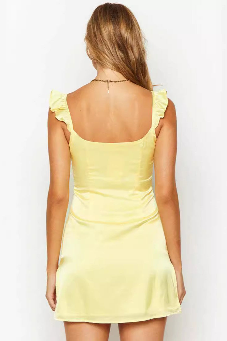 Solid Satin Ruffled Strap Sleeveless Mini Silk Dress - View 4