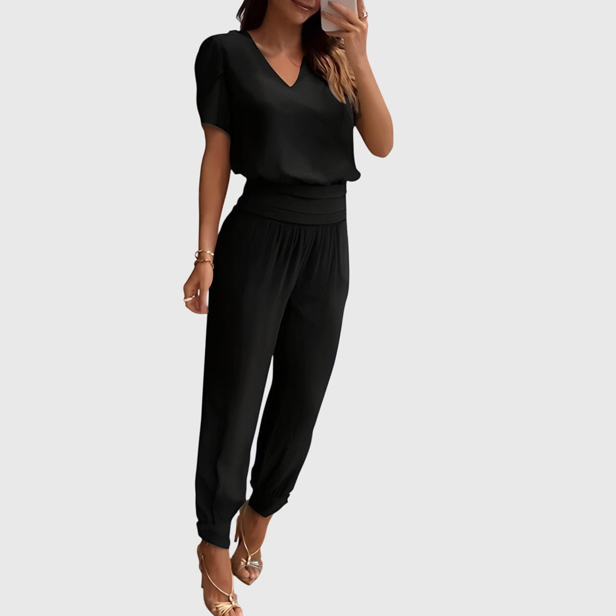V-Neck Short Sleeve Top and Geometric Print Cuffed Pants Two Piece Set 5