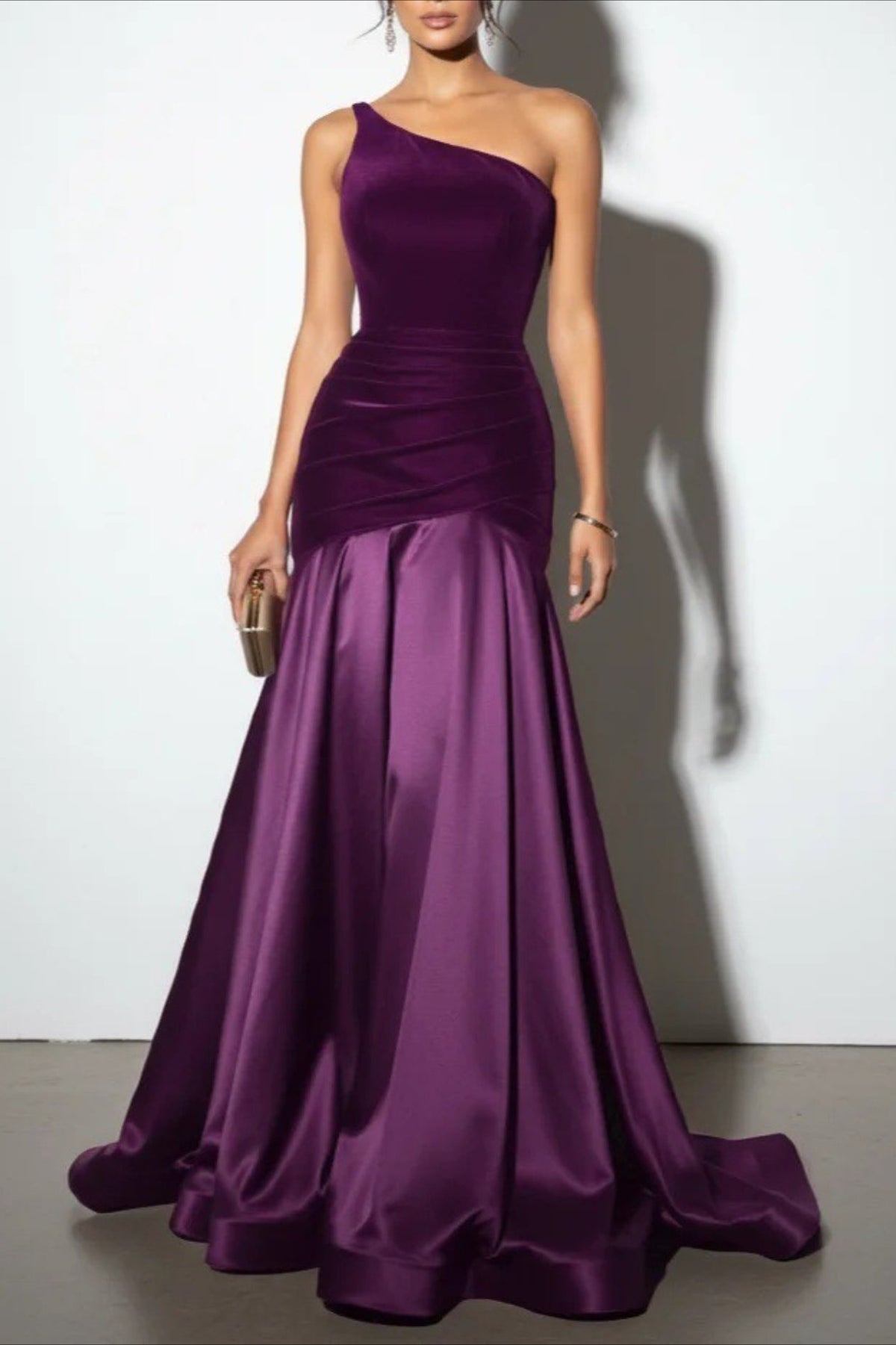 Velvet One Shoulder Ruched Mermaid Gown - View 4