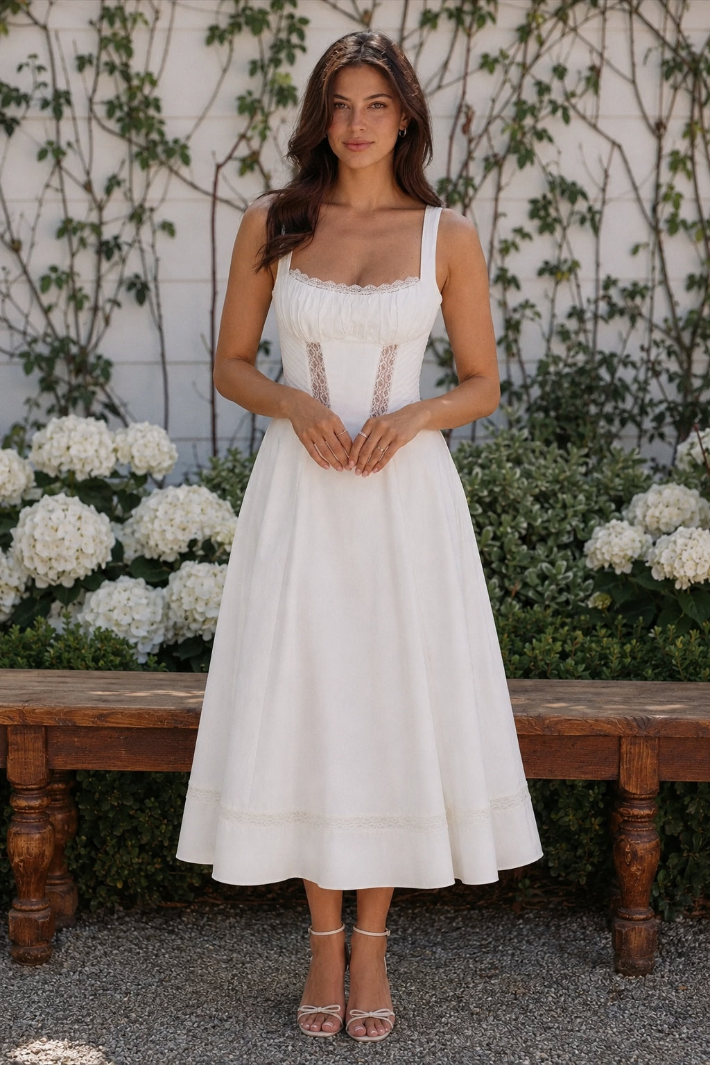Square Neck Lace Trim Corset Fit and Flare Midi Dress