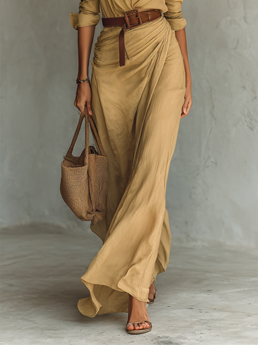 Collared Long Sleeve Shirt and Wrap Maxi Skirt Two Piece Set 7