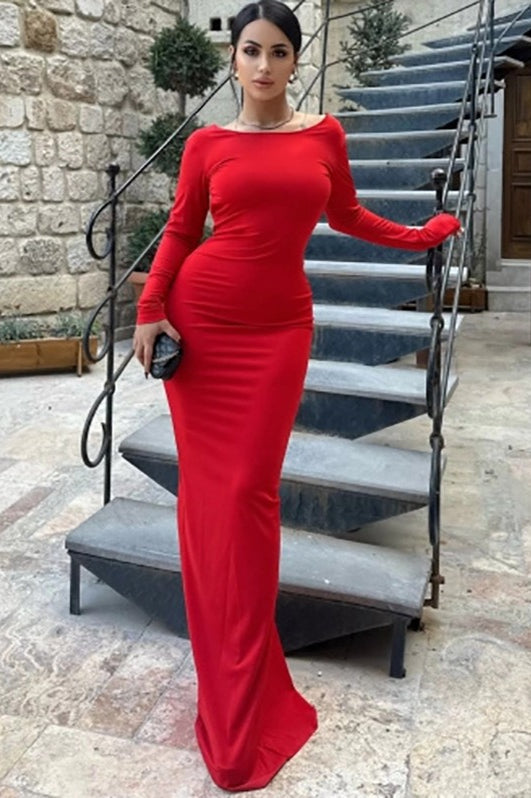 Long Sleeve Open Back Ruched Bodycon Mermaid Maxi Dress - View 3