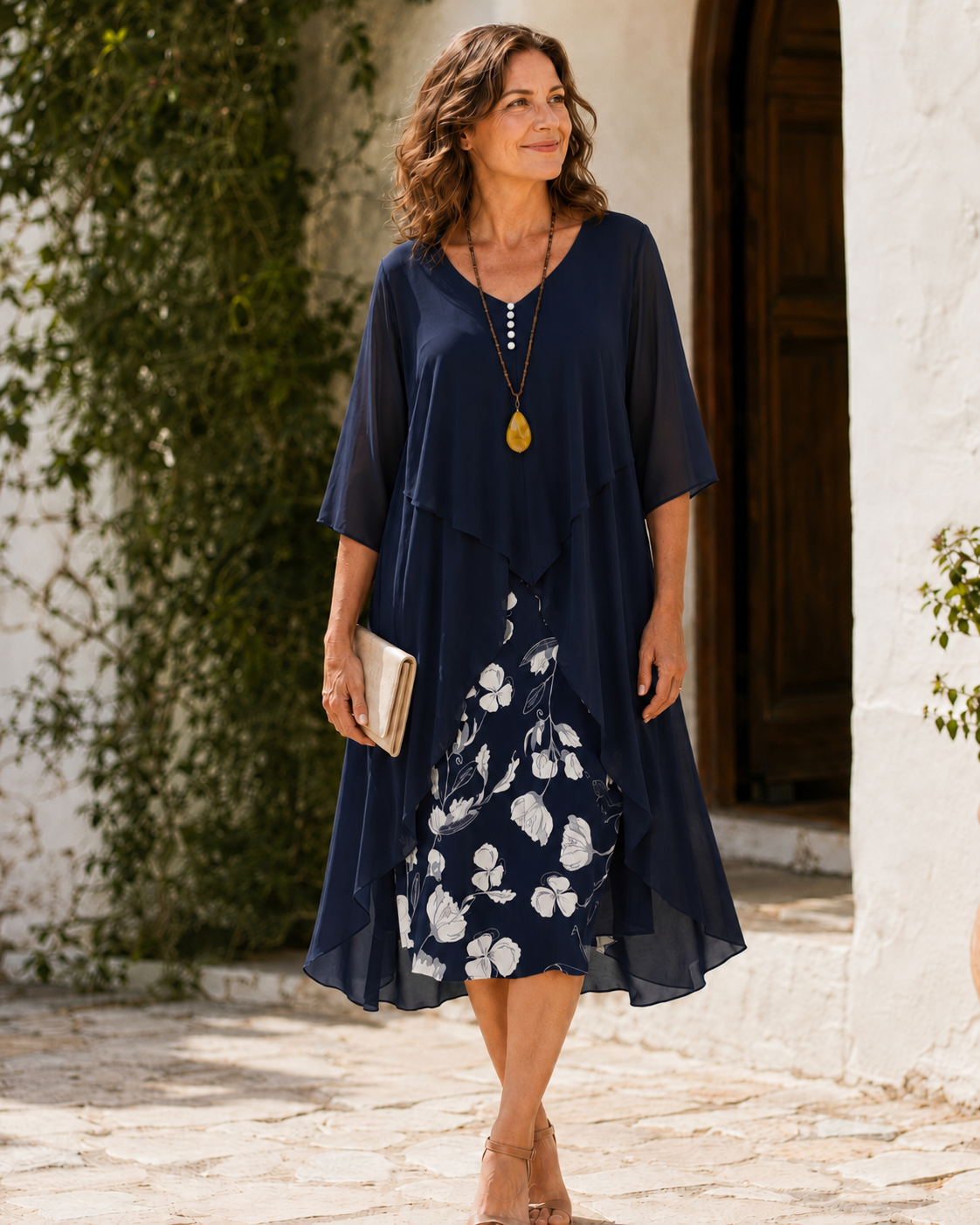 Floral Layered Ruffle V-Neck Half Sleeve Chiffon Midi Dress 6