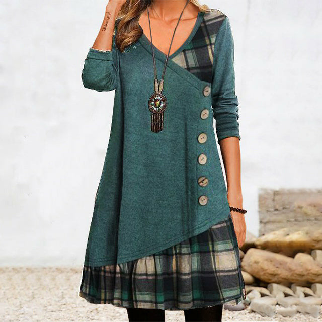 Plaid Patchwork Long Sleeve V-Neck Asymmetric Ruffle Hem Tunic Dress