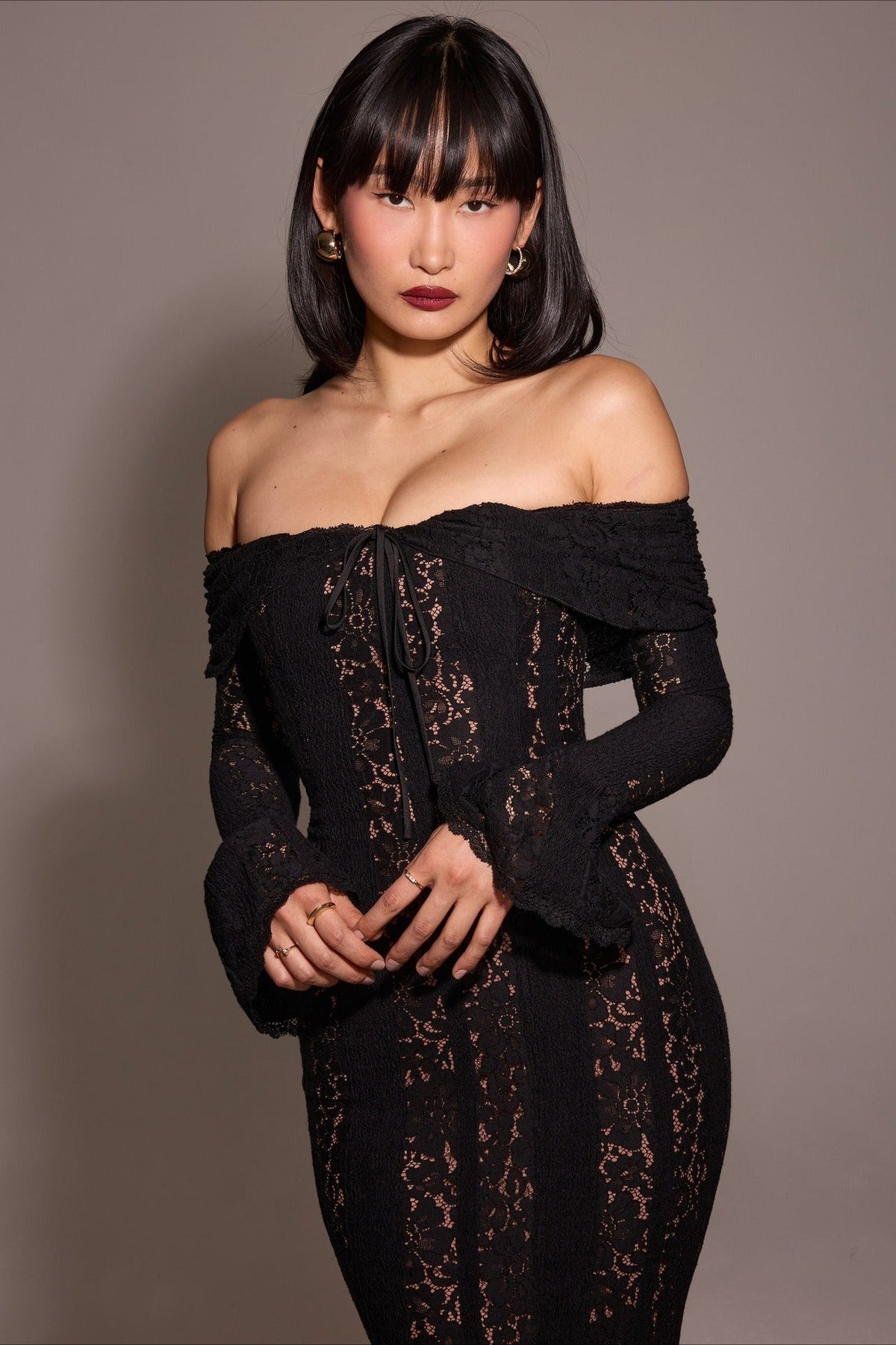 High-Waist Off-the-Shoulder Lace Dress