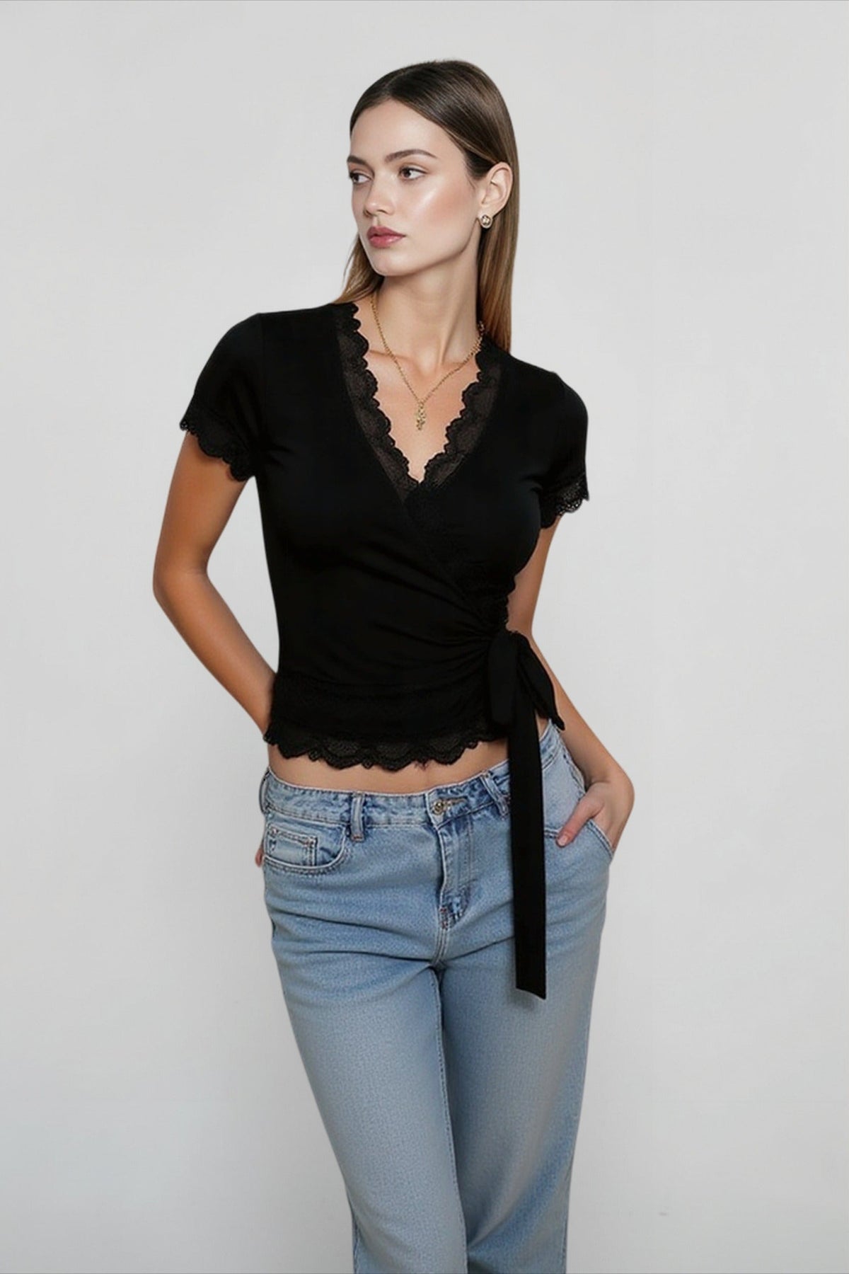 V-Neck Lace Trim Short Sleeve Wrap Top 7