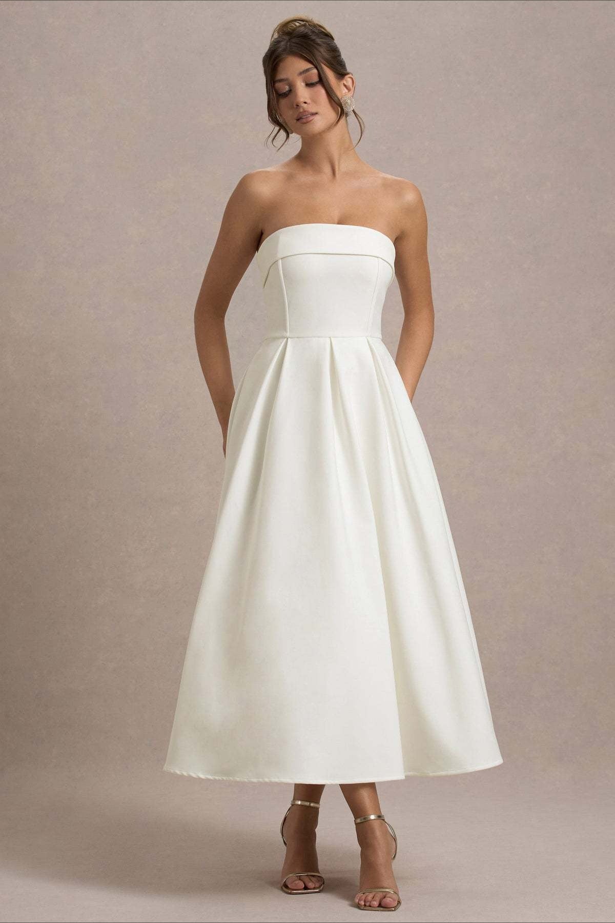 Strapless Fold Over Neck Box Pleat A-Line Midi Cocktail Dress - View 9
