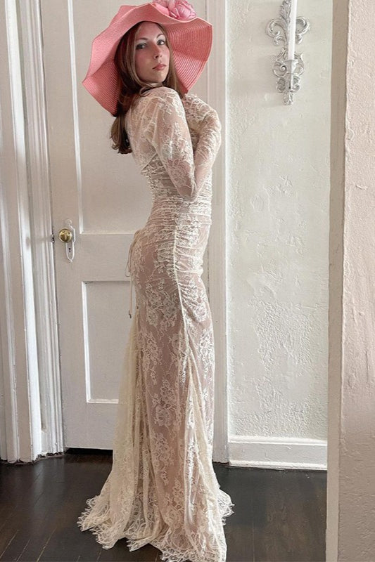 Floral Lace Ruched Long Sleeve Square Neck Mermaid Maxi Gown - View 2