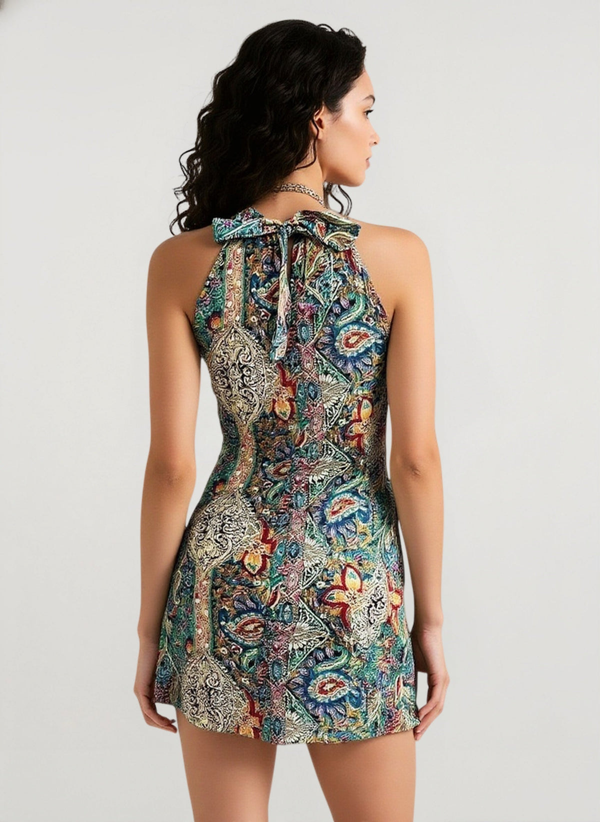 Halter Neck Sleeveless Paisley Print A-Line Mini Dress 4