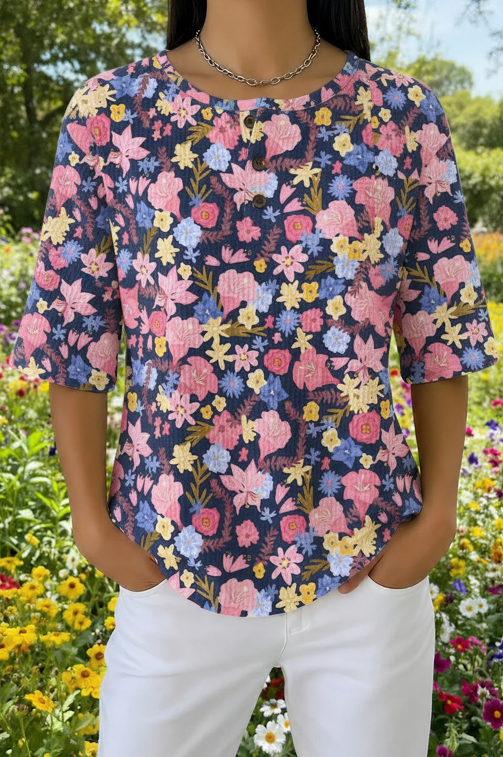 Ditsy Floral Print Waffle Knit Henley Short Sleeve Top