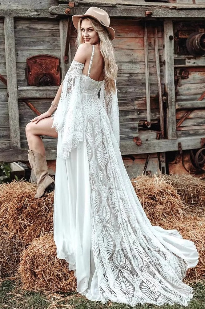 Lace Halter Neck Cold Shoulder Bell Sleeve High Split Maxi Gown - View 2