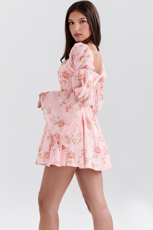 Floral Square Neck Bishop Sleeve Corset Flare Mini Dress 5