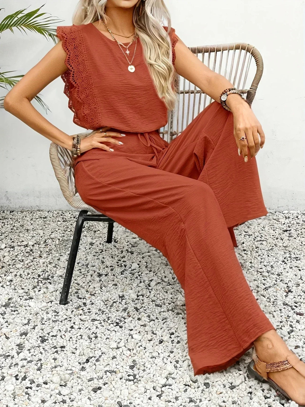 Round Neck Lace Trim Sleeveless Wide Leg Jumpsuit 13