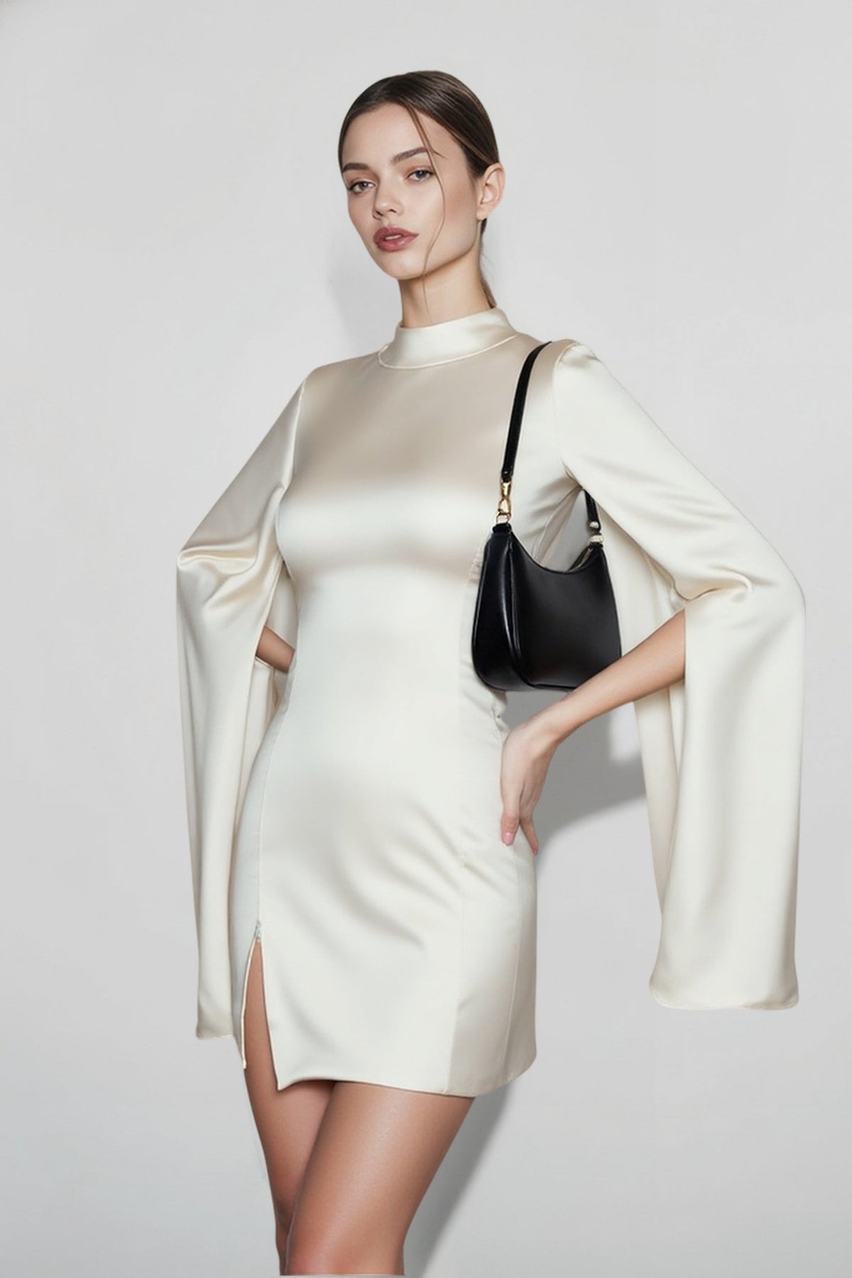 Satin Cape Sleeve Mock Neck Mini Dress - View 2