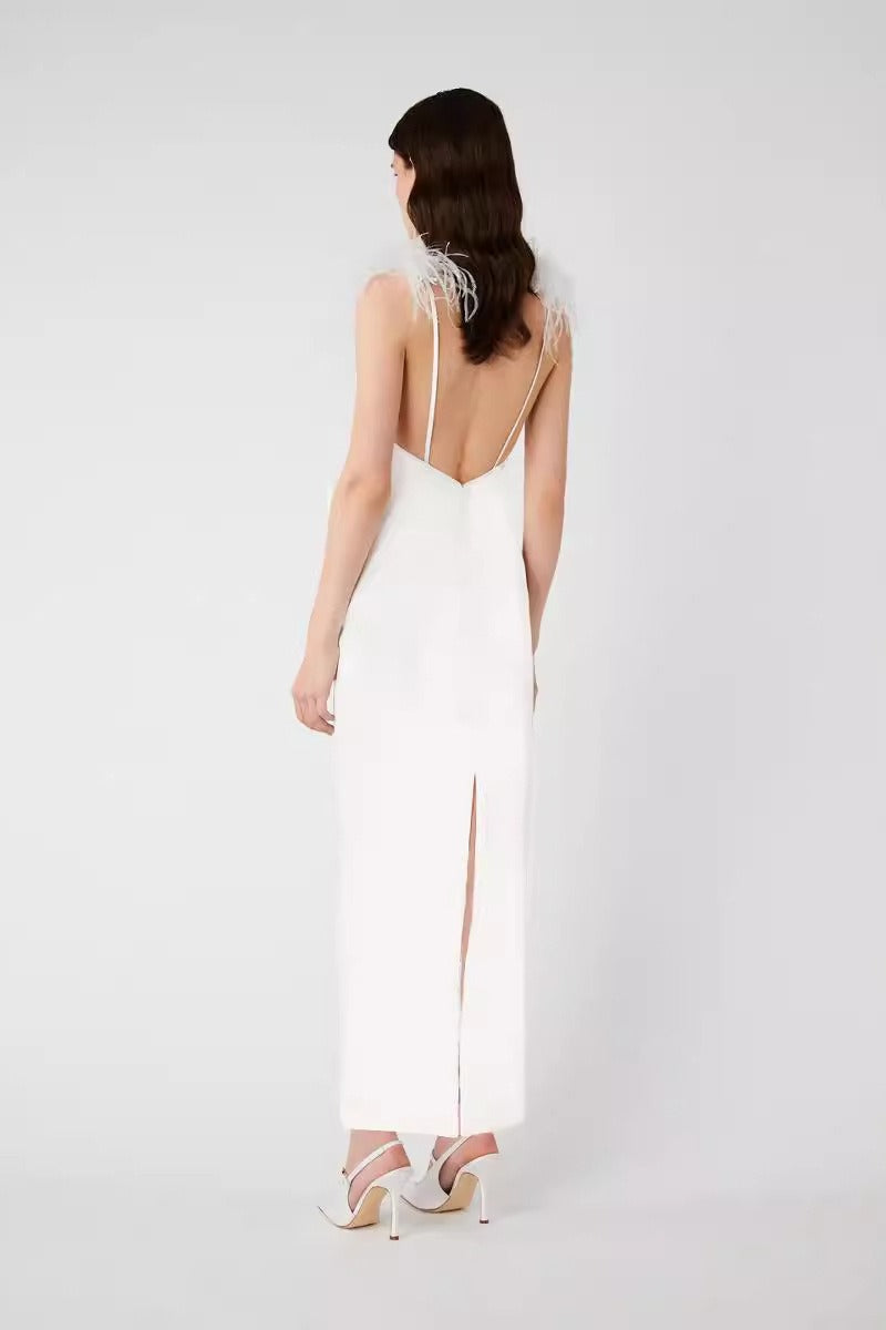 Feather Trim V-Neck Sheer Bow Gown - View 3