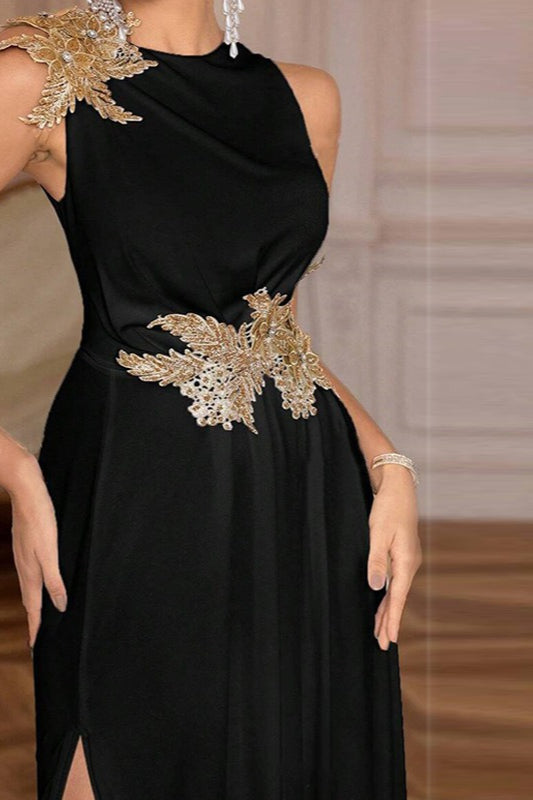 Round Neck Sleeveless Floral Applique High Split Maxi Formal Gown - View 3