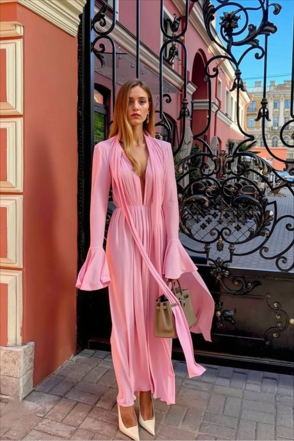 High Neck Long Sleeve 3D Floral Pleated High Split Maxi Dress - View 3
