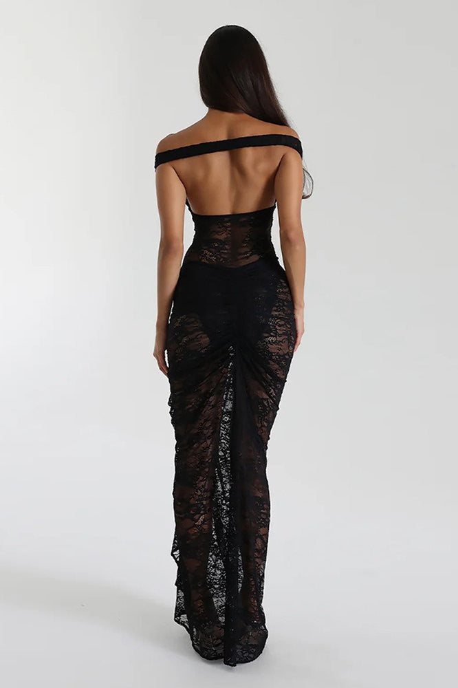 Backless Lace Ruched Bodycon Maxi Dress