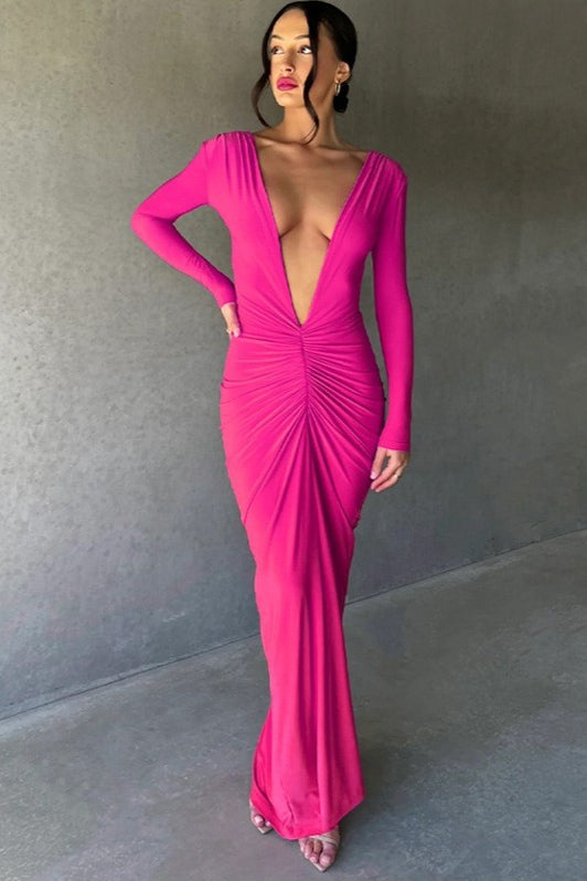 Deep V-Neck Long Sleeve Ruched Twist Front Bodycon Maxi Dress - View 4