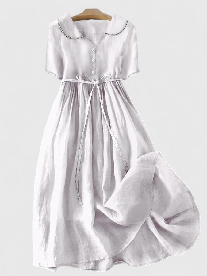 Oversized Collar Button Front Waist Tie Short Sleeve Midi Dress 3