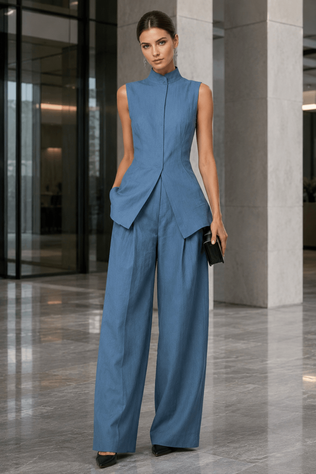 Drape Sleeveless Shirt Two Piece Work Set