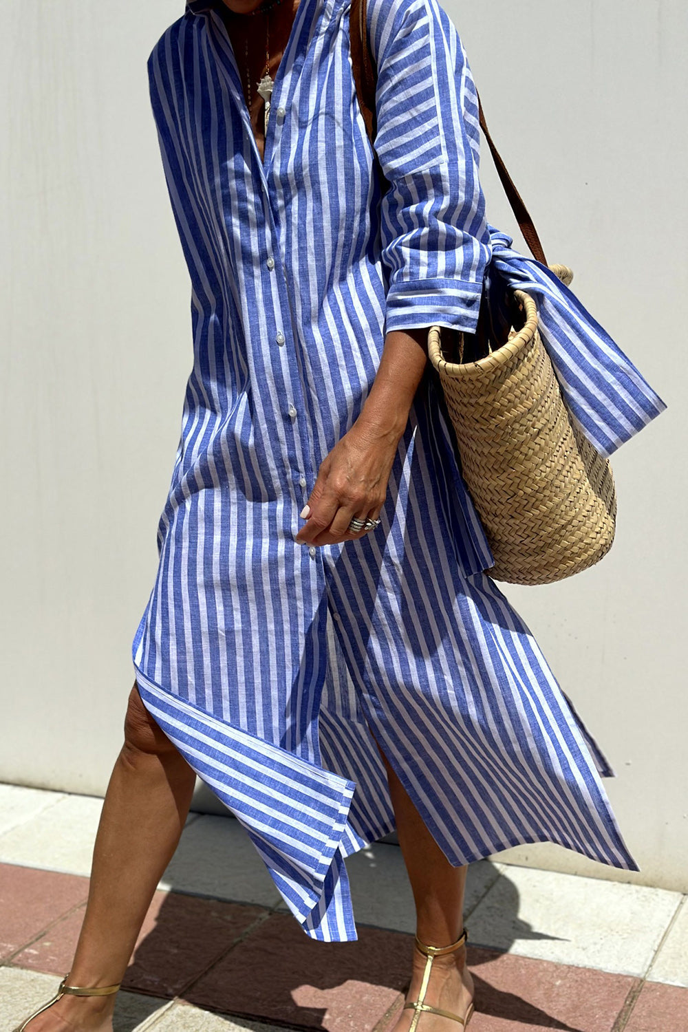 Striped Button Front Collared Long Sleeve Shirt Dress 2