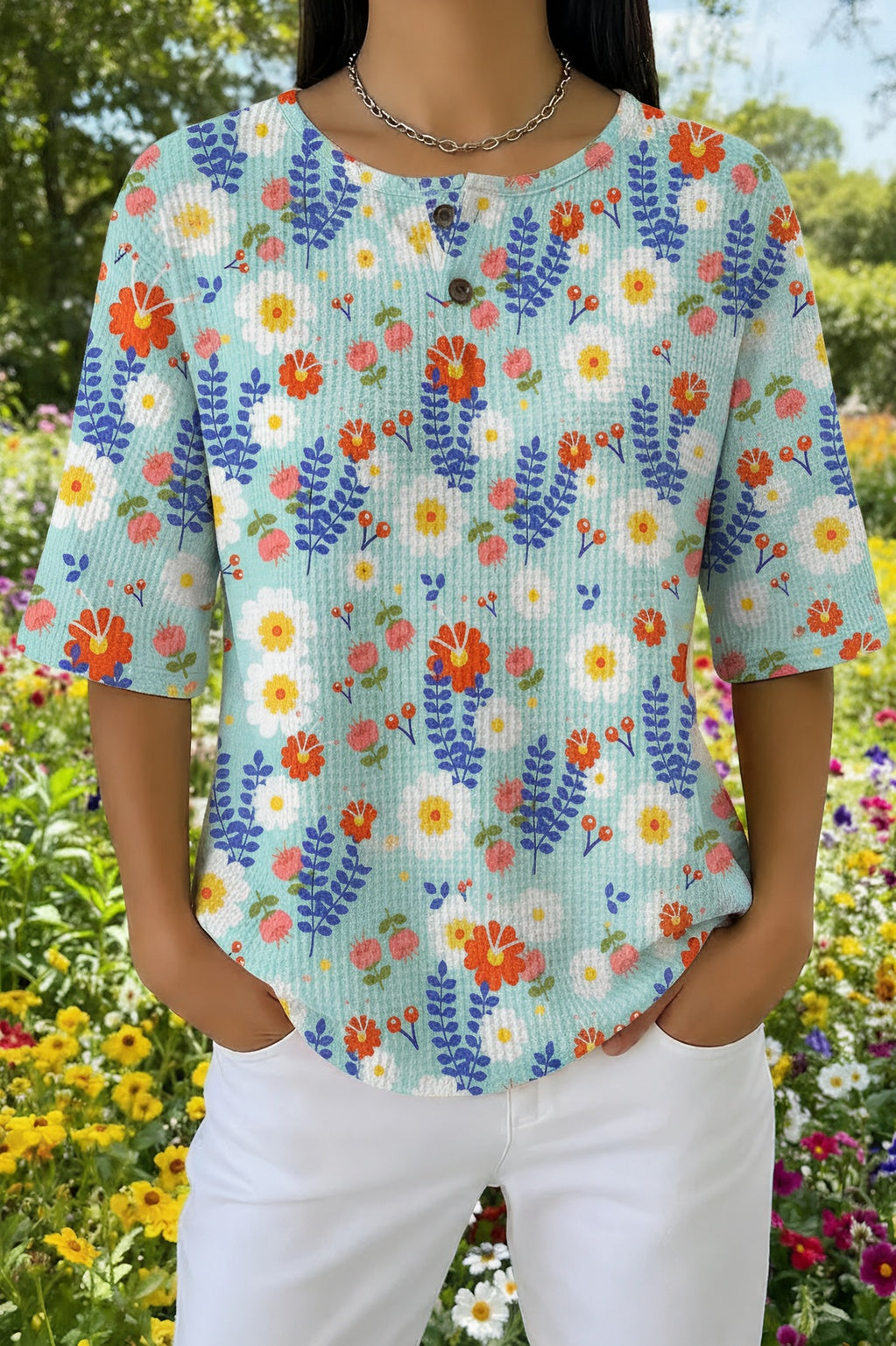 Floral Print Waffle Knit Henley Short Sleeve Top