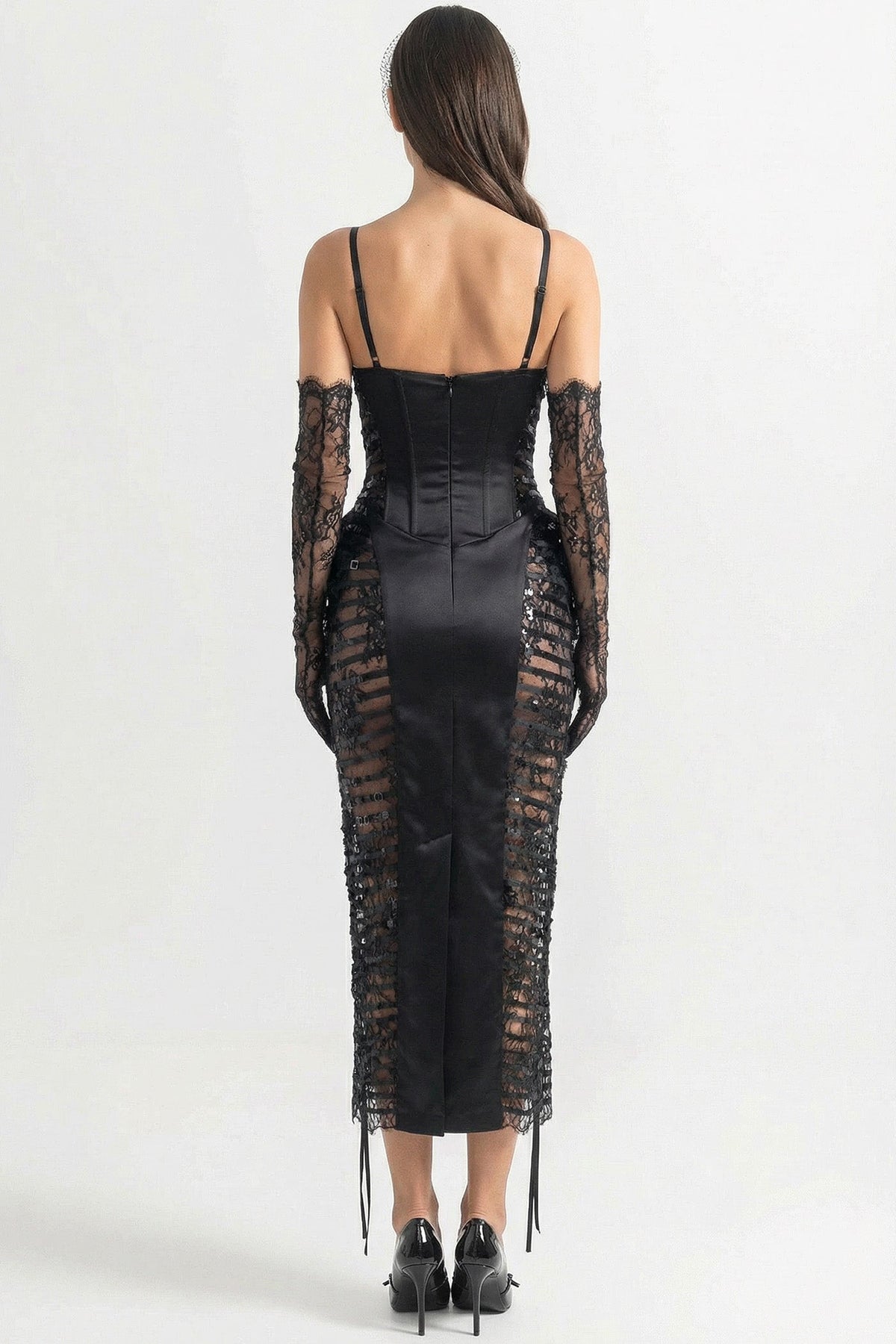 Lace-Trim Midi Dress With Sequin Sheer Side Panels - Black - View 4