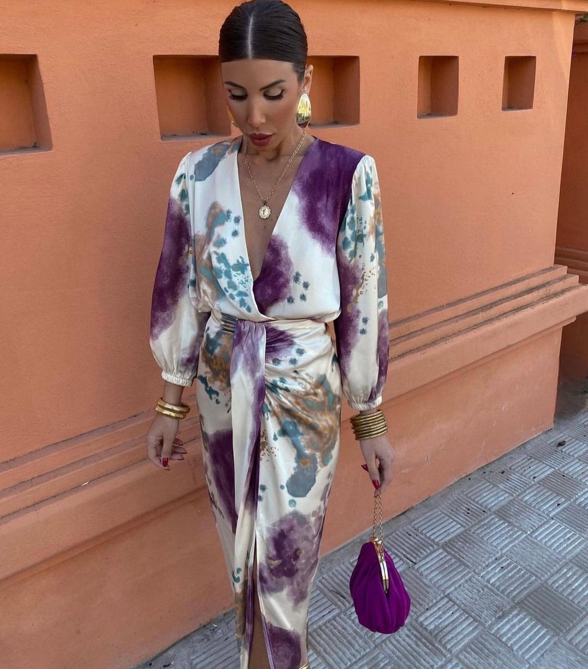 Floral Print V-Neck Long Sleeve Wrap Midi Dress 3