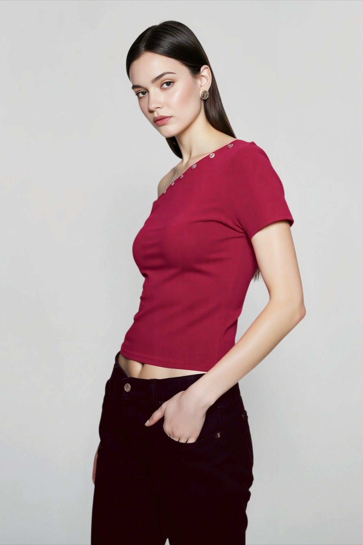 Off Shoulder Short Sleeve Button Trim Crop Top 3
