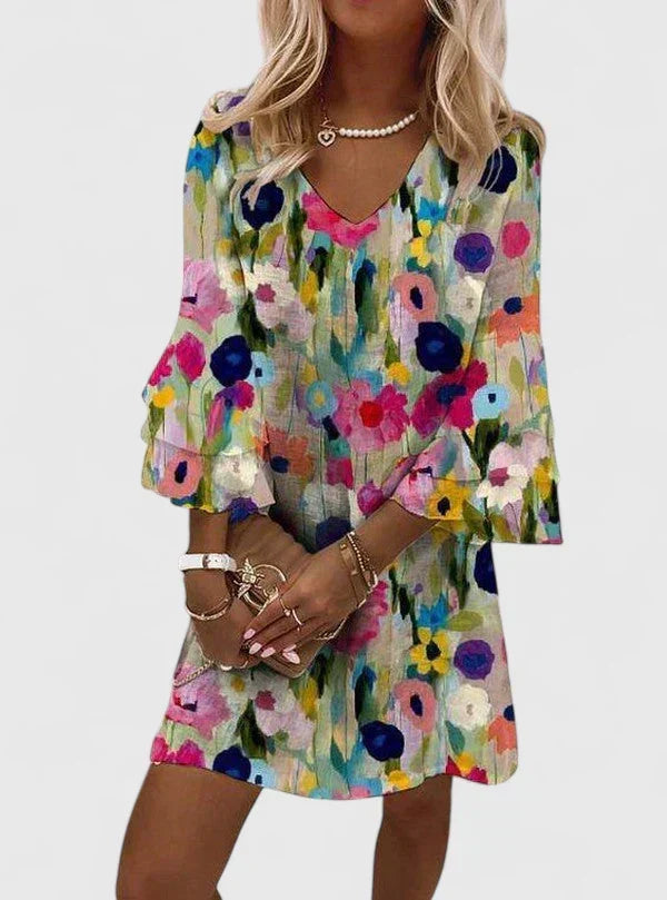 Floral Print V-Neck Ruffle Sleeve Mini Dress